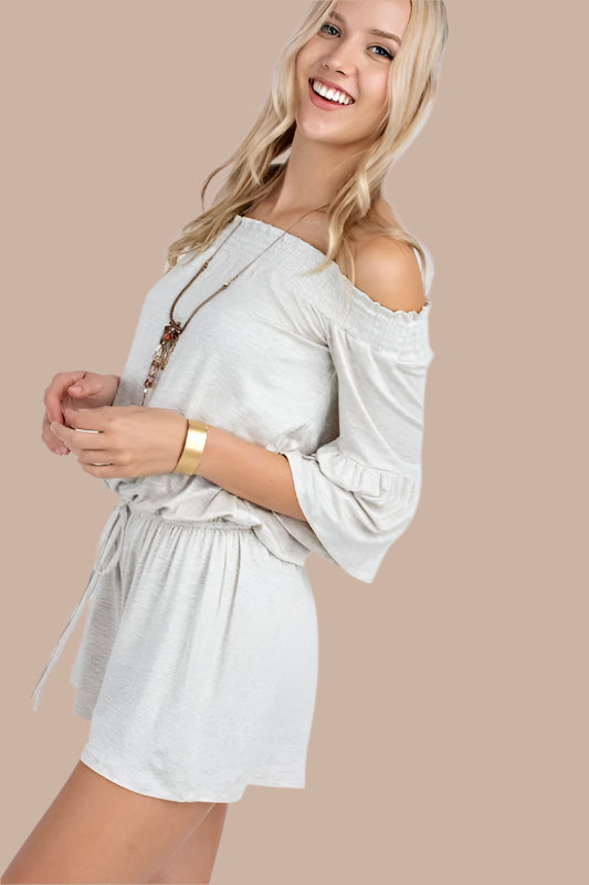 12PM by Mon Ami Off Shoulder Romper - Oatmeal