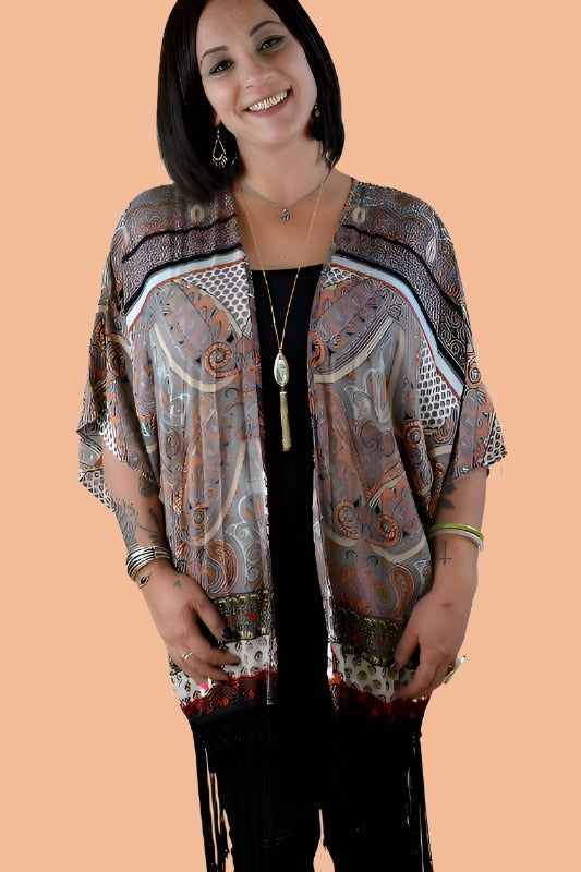 White Mark Paisley Boho Fringe Kimono