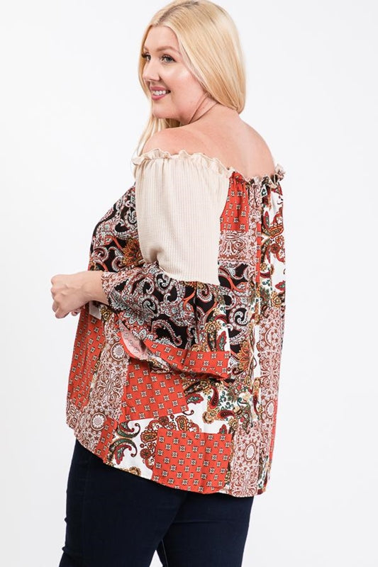 Patchwork Paisely Off Shoulder Plus Top