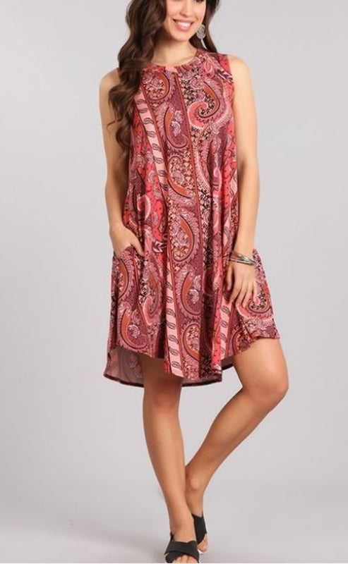 Christina Paisley Dress - Rust/Pink
