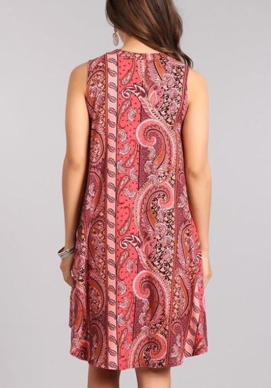 Christina Paisley Dress - Rust/Pink