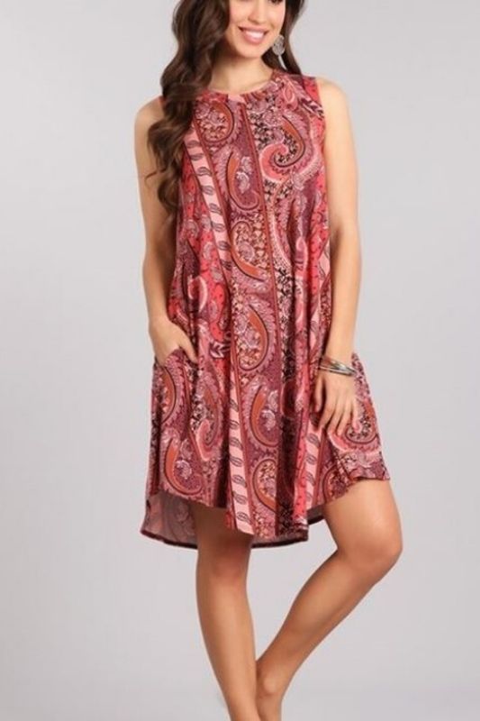 Christina Paisley Dress - Rust/Pink