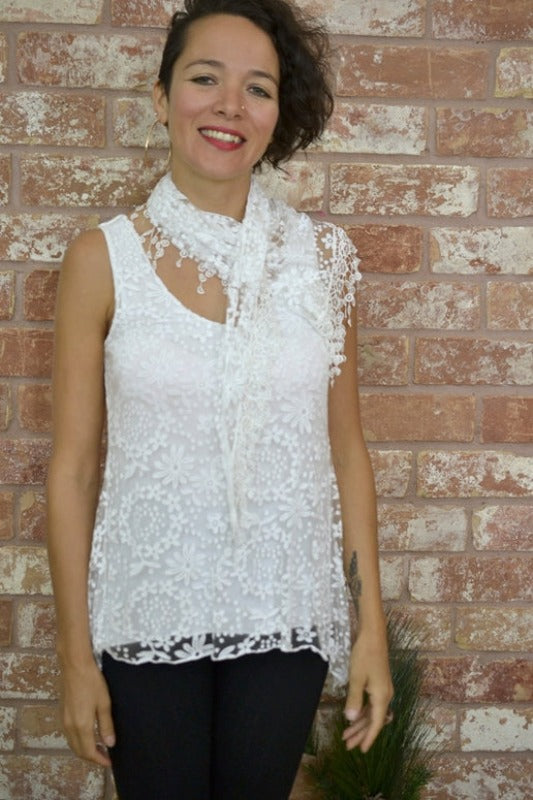 Seduzione Hi Lo Blouse + Fringe Scarf - White