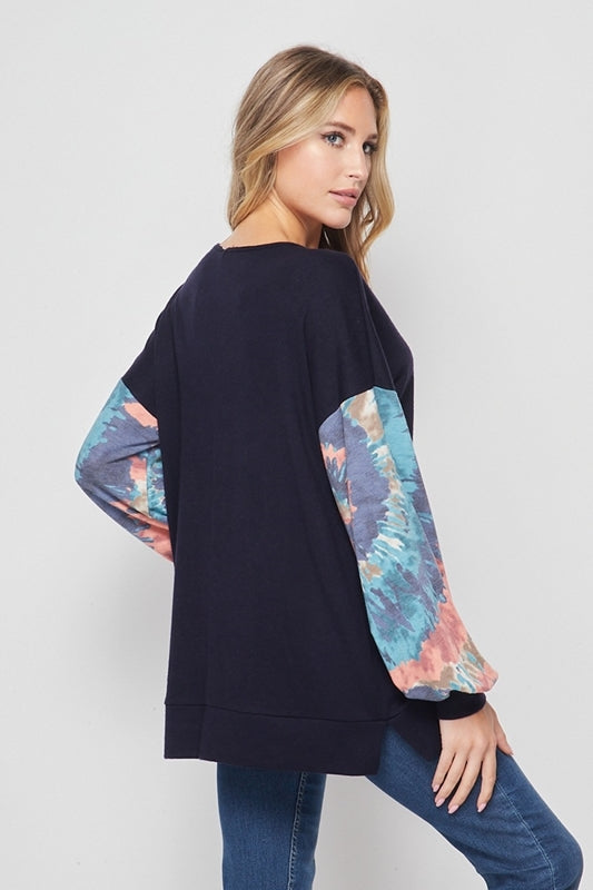 Honey Me Bubble Sleeve Top - Dk Navy/ Denim Coral