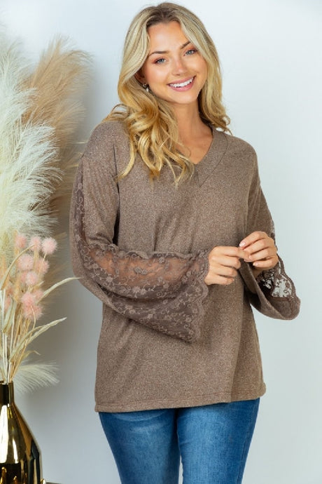 White Birch Lace Sleeve Solid Top - Mocha