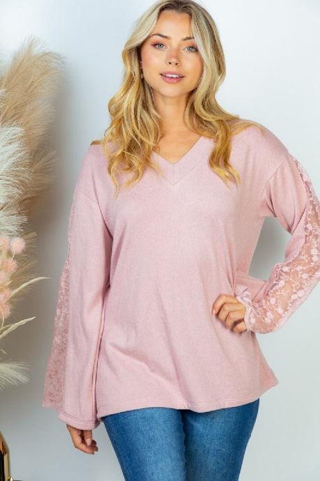 White Birch Lace Sleeve Solid Top - Mauve