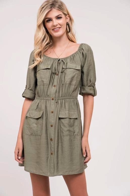 Blu Pepper Cargo Pockets Shirt Dress - Olive