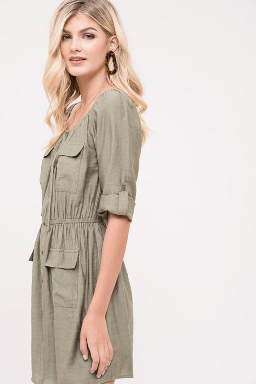 Blu Pepper Cargo Pockets Shirt Dress - Olive