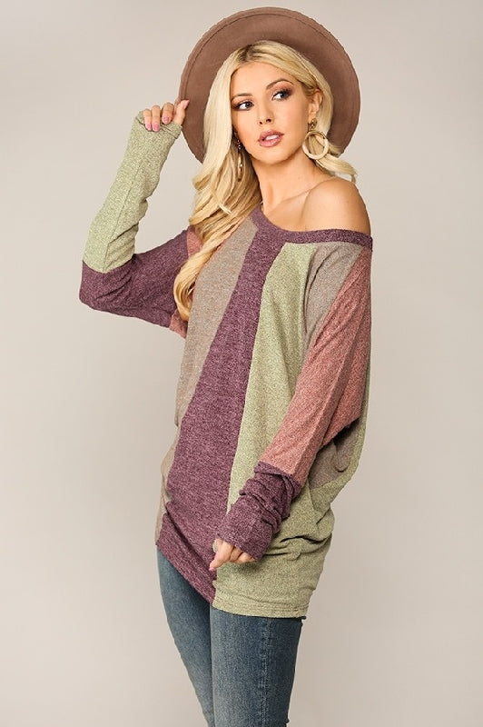 Gigio Colorblock Dolman Sleeves Top - Burgundy Mix
