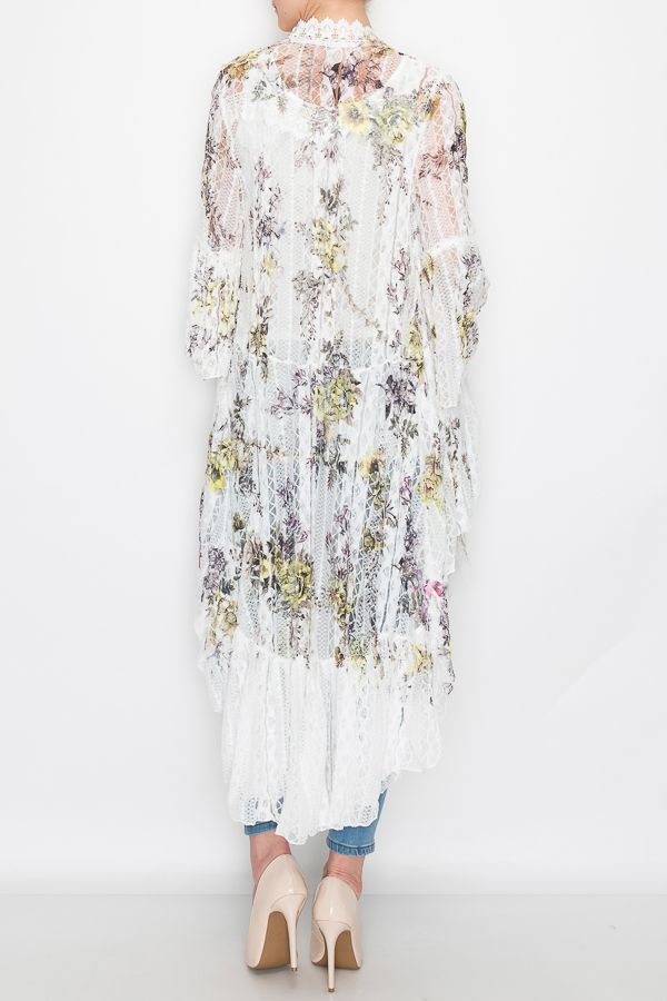 Origami Yellow Roses Print Hi Lo Kimono - Ivory