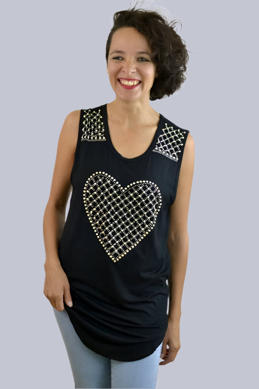 Vocal Rhinestone Studs Heart Tank Long Tunic - Black