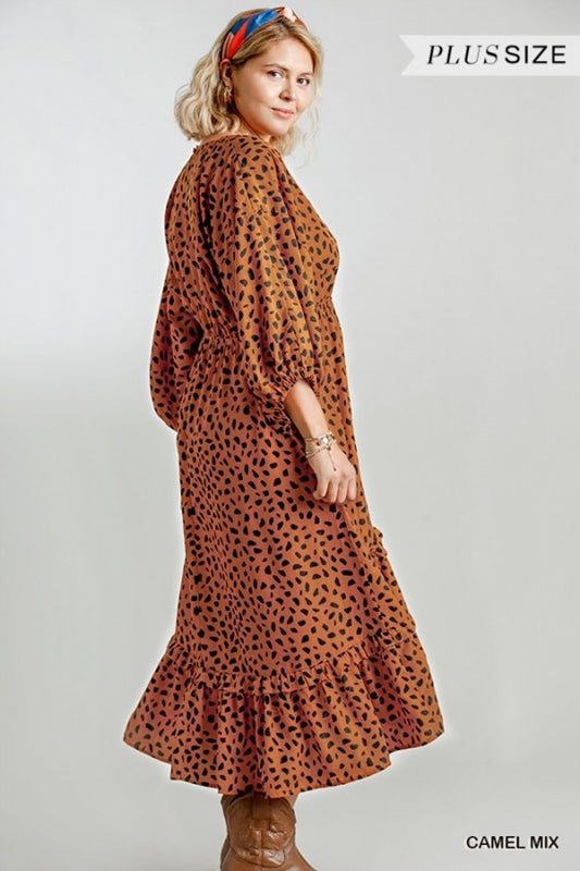 Umgee Dalmation Print Hi Lo Midi Dress - Camel