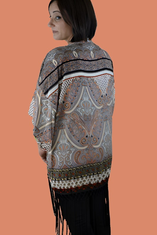 White Mark Paisley Boho Fringe Kimono