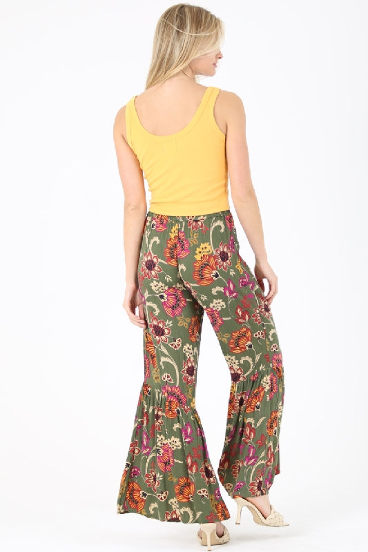 Angie Boho Floral Print Ruffle Hem Pants - Olive