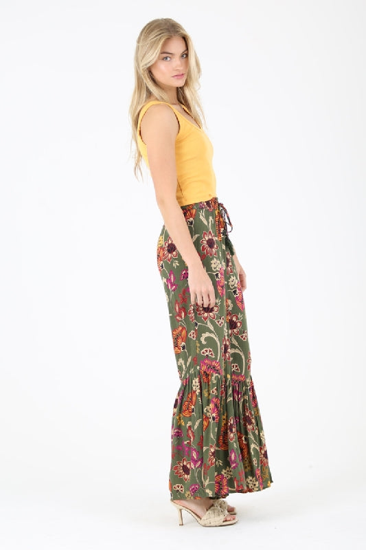Angie Boho Floral Print Ruffle Hem Pants - Olive