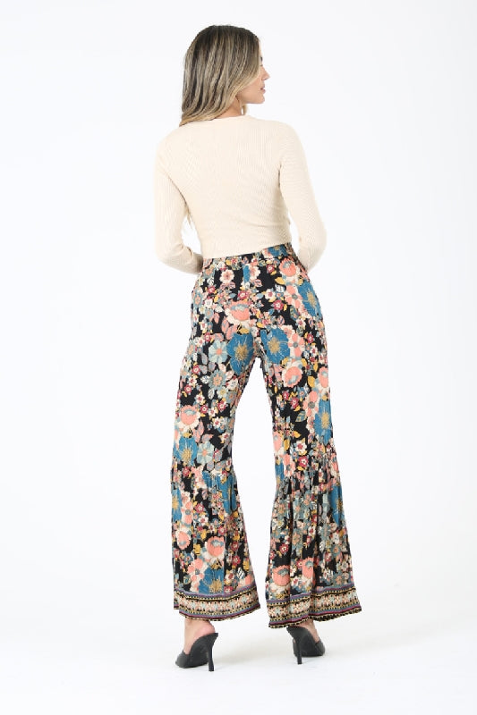 Angie Boho Floral Print Pants - Black
