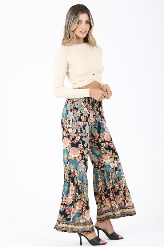 Angie Boho Floral Print Pants - Black