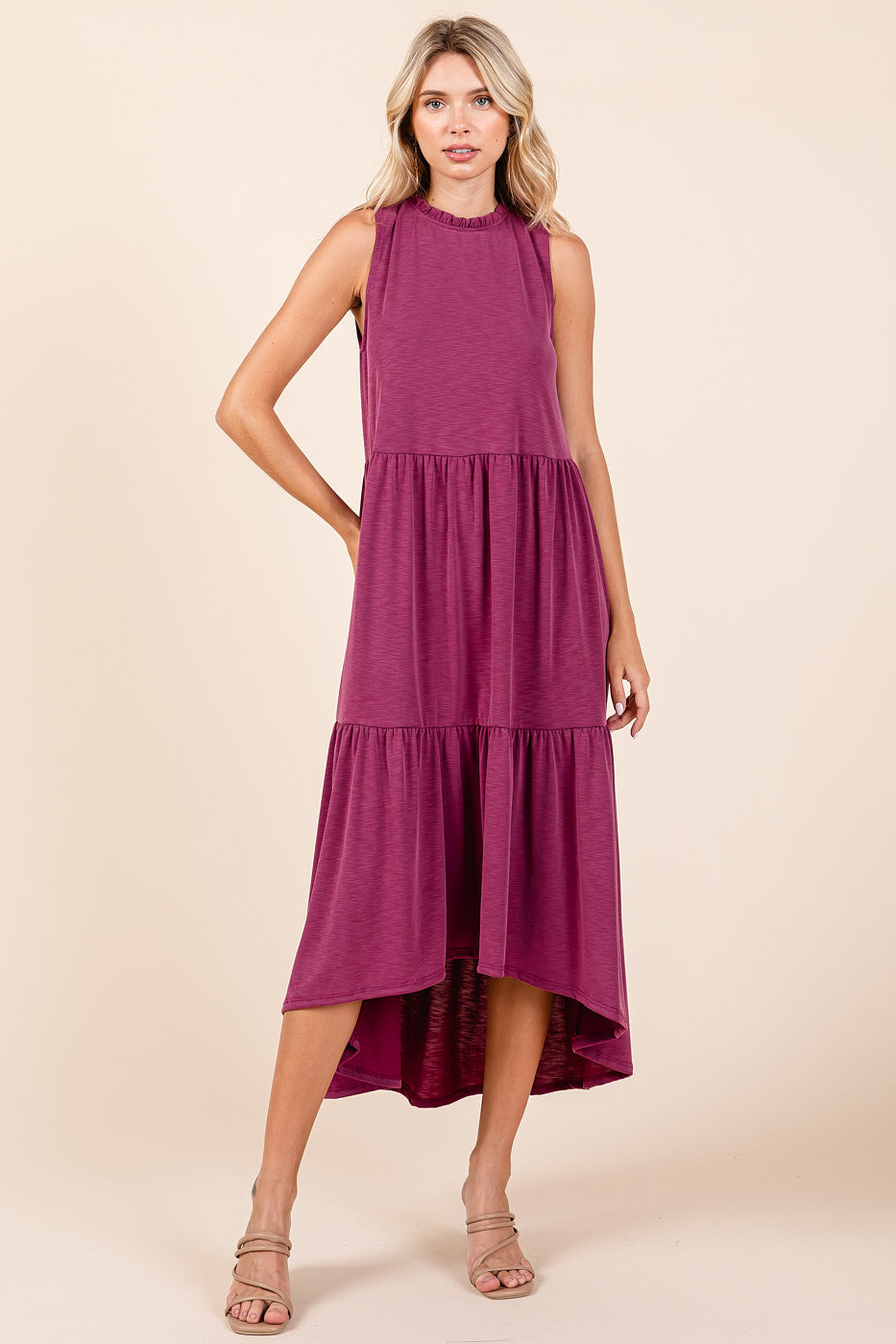 Mittoshop Ruffle Mock Neck Hi Low Maxi Dress - Magenta