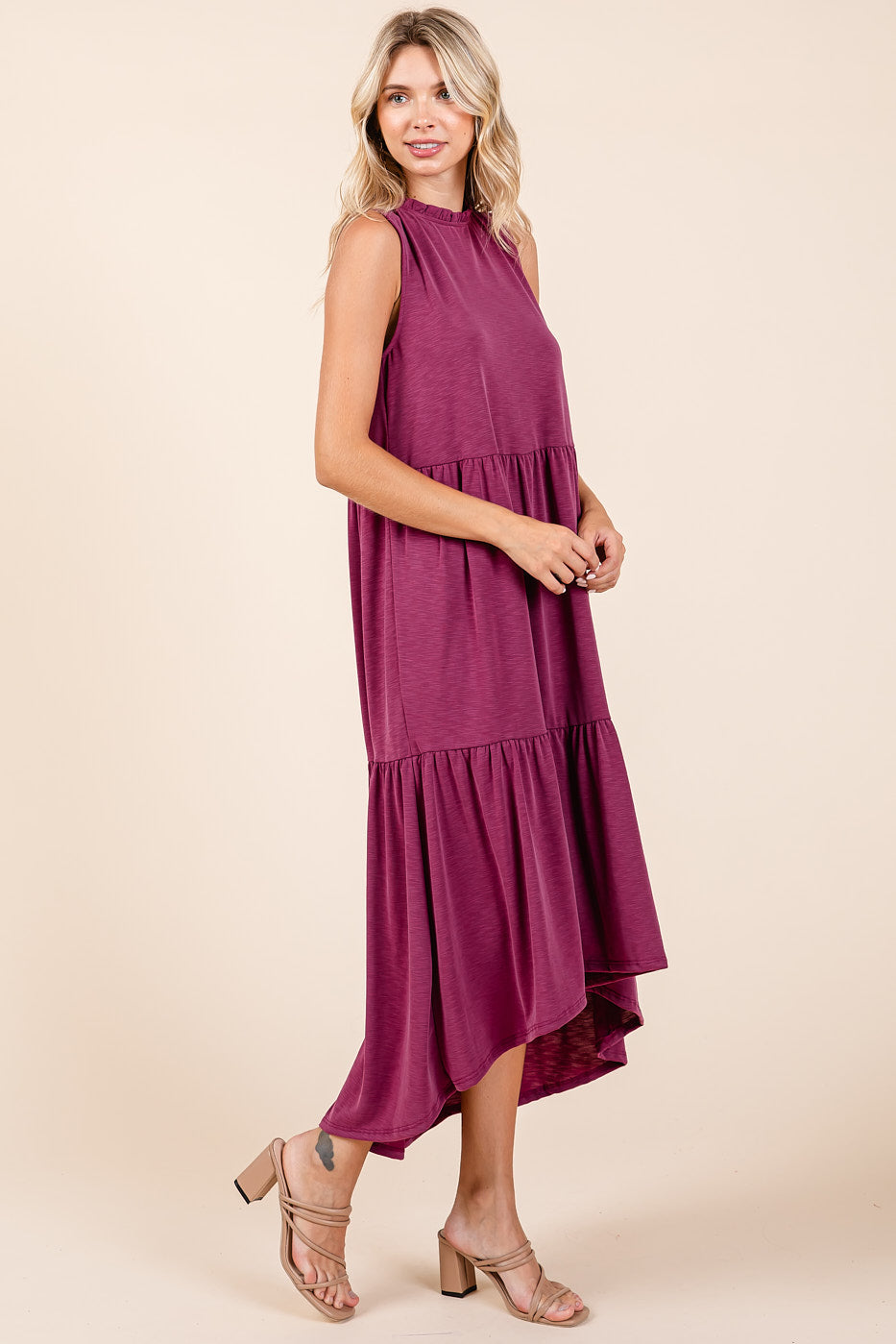 Mittoshop Ruffle Mock Neck Hi Low Maxi Dress - Magenta