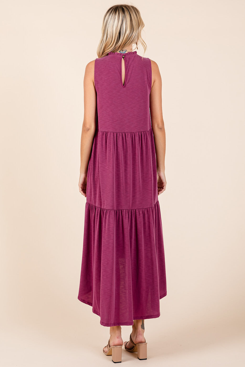 Mittoshop Ruffle Mock Neck Hi Low Maxi Dress - Magenta