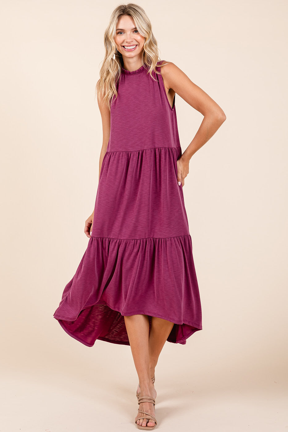 Mittoshop Ruffle Mock Neck Hi Low Maxi Dress - Magenta