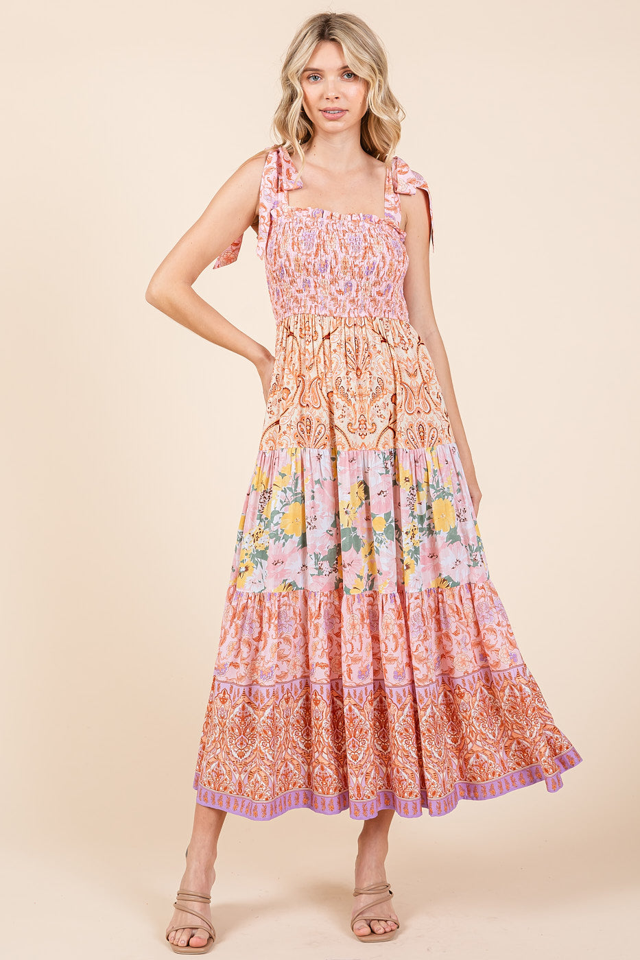 Mittoshop Patchwork Border Print Maxi Dress - Pink Combo