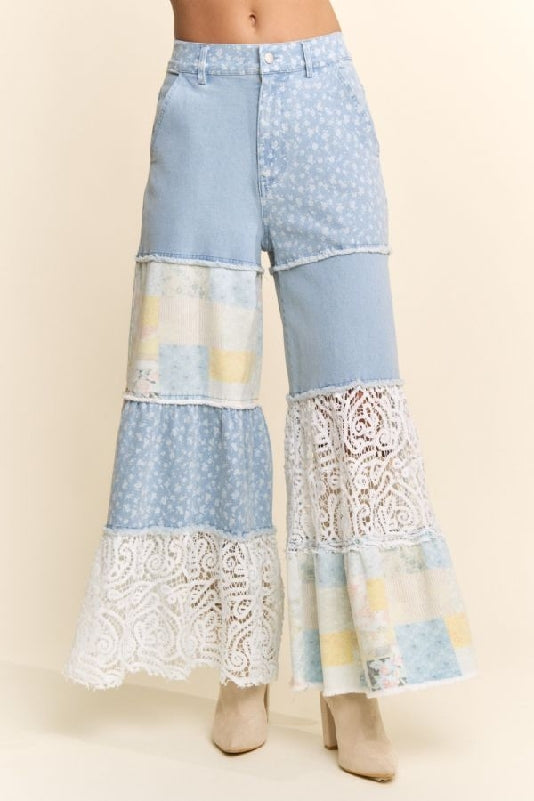 Davi & Dani Print Lace Block Patchwork Wide Leg Pants - Light Denim Multi