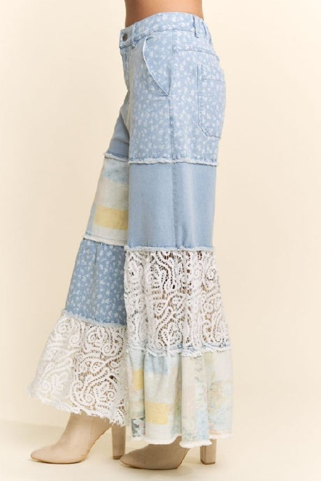 Davi & Dani Print Lace Block Patchwork Wide Leg Pants - Light Denim Multi