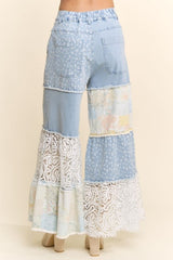 Davi & Dani Print Lace Block Patchwork Wide Leg Pants - Light Denim Multi