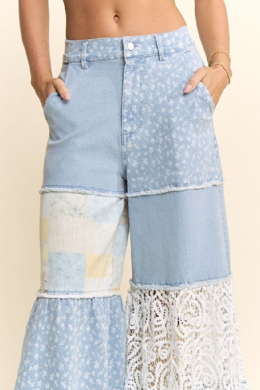 Davi & Dani Print Lace Block Patchwork Wide Leg Pants - Light Denim Multi
