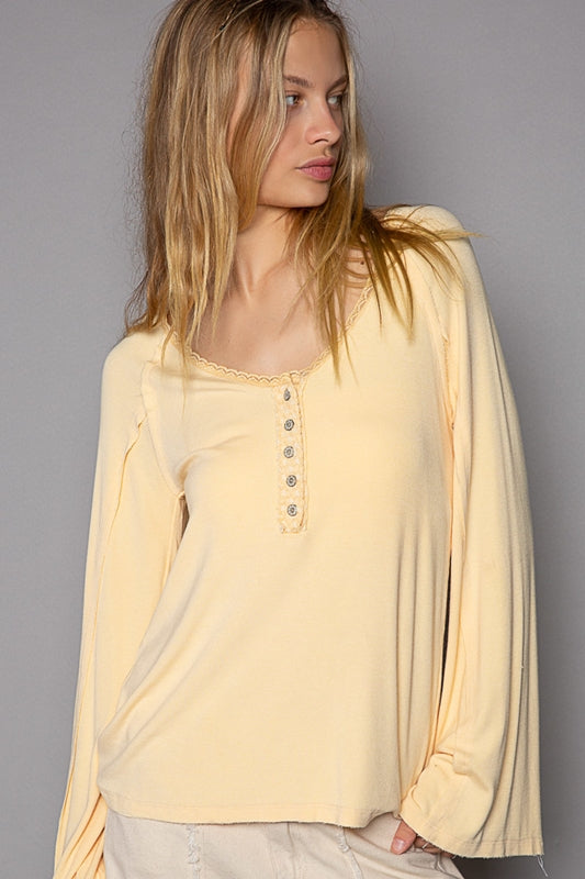 POL Long Sleeve Lacey Ribbed Top - Pale Yellow Yoke