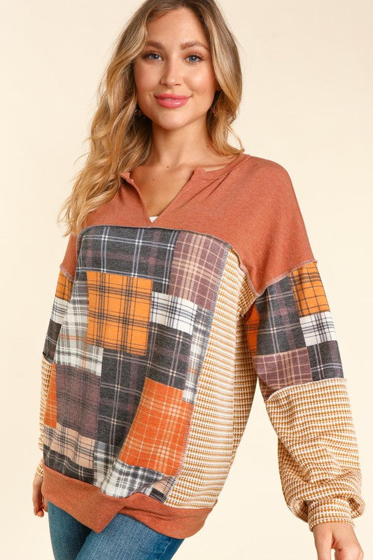 Pumpkin Patch Colorblock Patchwork Top - Rust/Charcoal/Mustard