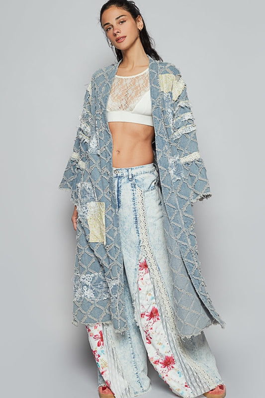 POL Textured Denim Patchwork Duster Cardigan