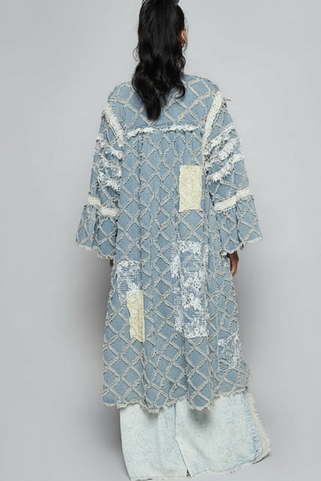 POL Textured Denim Patchwork Duster Cardigan