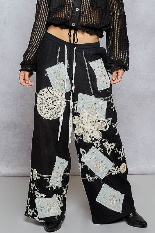 POL Patchwork Relaxed Cotton Pants - Black