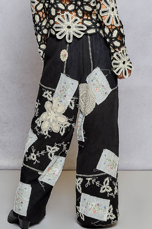 POL Patchwork Relaxed Cotton Pants - Black
