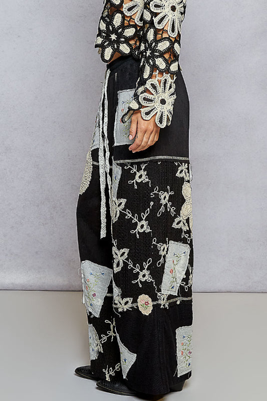 POL Patchwork Relaxed Cotton Pants - Black