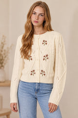 Blu Pepper Floral Embroidered Cable Knit Cropped Cardigan – Cream