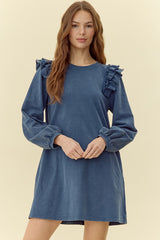 Jodifl Mineral Wash Layer Ruffle Shoulder Dress - Teal