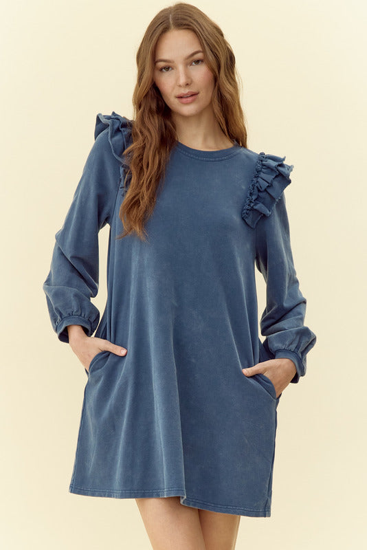 Jodifl Mineral Wash Layer Ruffle Shoulder Dress - Teal