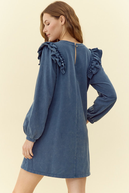 Jodifl Mineral Wash Layer Ruffle Shoulder Dress - Teal