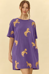 Jodifl Horse Print T Shirt French Terry Dress - Purple