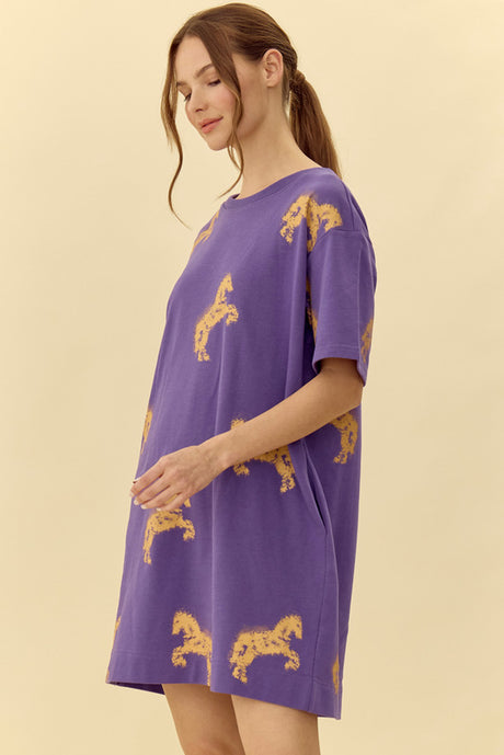 Jodifl Horse Print T Shirt French Terry Dress - Purple