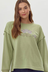 Jodfil Flower Embroidered Sweatshirt - Avocado Green