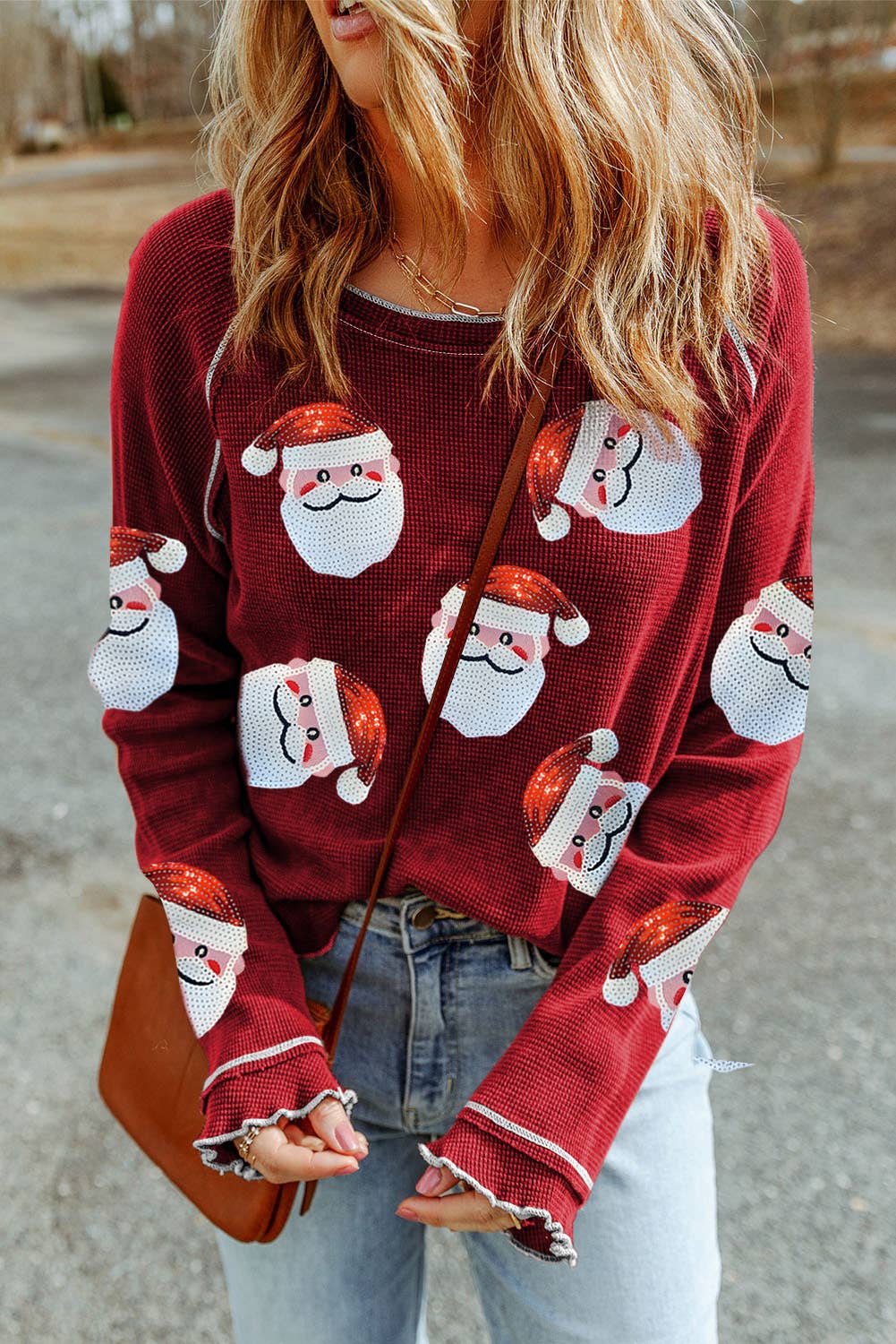 Sequin Santa Claus Graphic Textured Waffle Tee Top