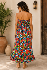 Easel Floral Hi Low Strapless Dress - Red