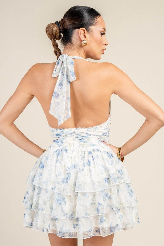 Babydoll Halter Printed Lace with Lace Trim Mini Dress - Blue