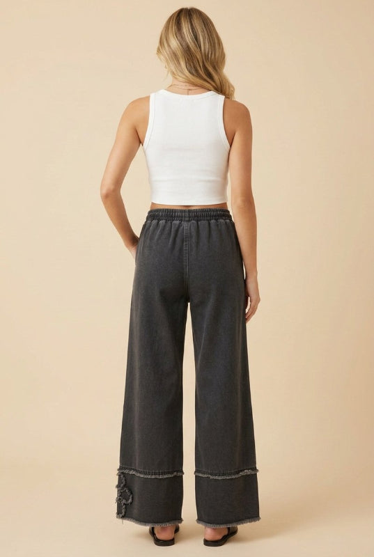 Floral Appliqué Wide Leg Pull-On Denim Pants - Black