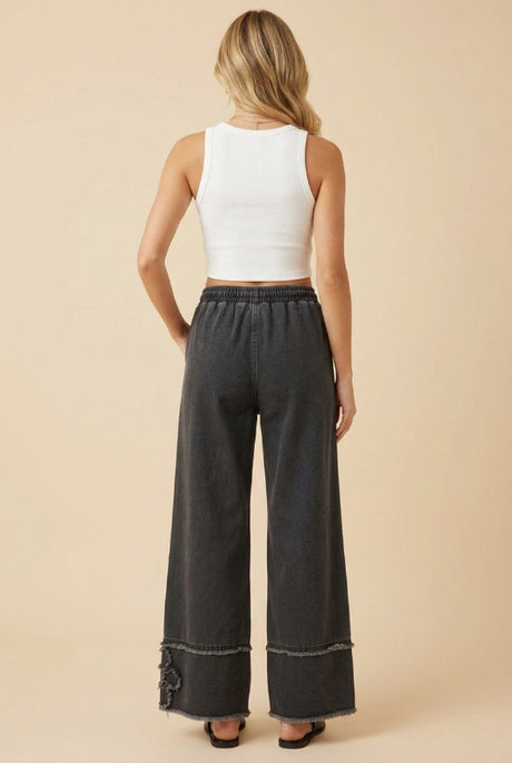 Floral Appliqué Wide Leg Pull-On Denim Pants - Black