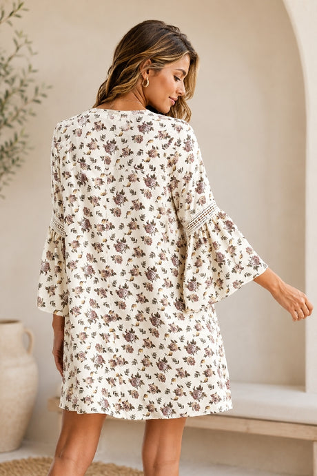 Boho Floral Lace Trim Bell Sleeve Mini Dress